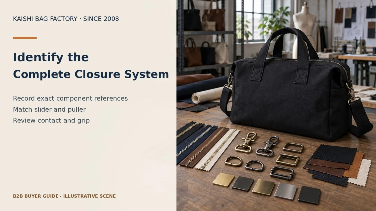 Illustrative handbag hardware and components for specifying the complete zipper and closure system.