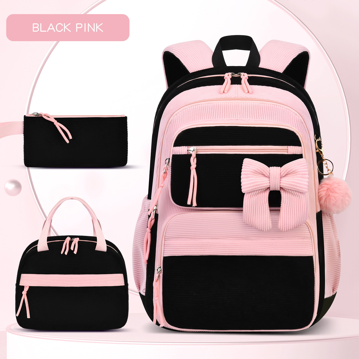 Custom School Backpack 3-Piece Set – Corduroy Bow Print with Matching Bag and Pouch (view 3) — custom school backpack by Kaishi Bag Factory