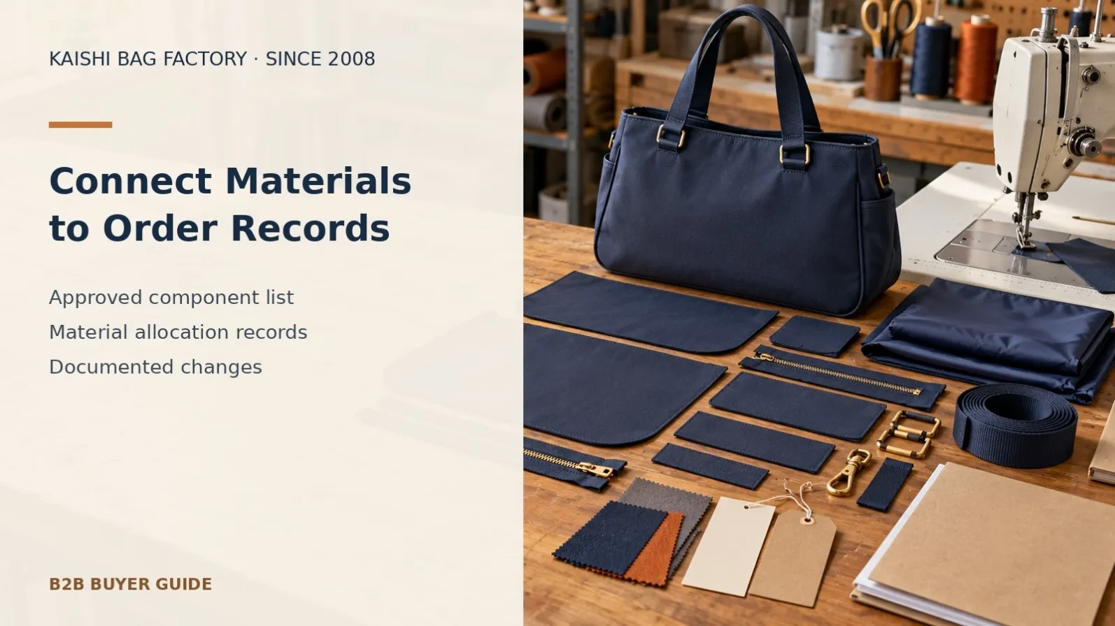 Unbranded bag components on a production worktable illustrating the connection between material lots and order records.