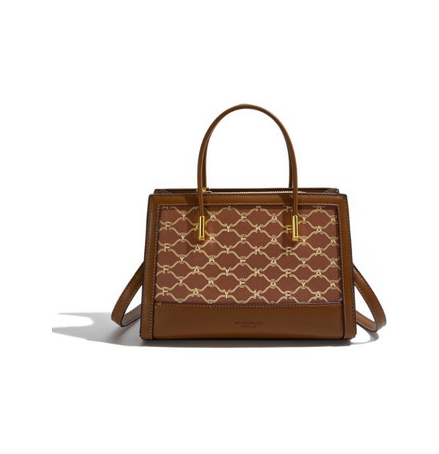 PU Leather Tote Bag – Printed Canvas Panel Shoulder Bag with Gold Hardware & Strap — custom bag manufacturing by Kaishi Bag Factory