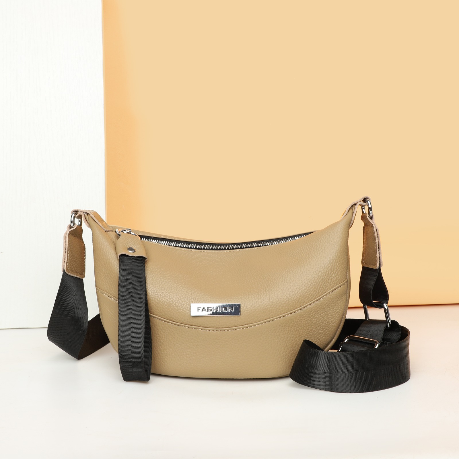Custom Leather Hobo Bag – Crescent Shoulder Bag with Wide Web Strap (view 2) — custom leather bag manufacturing by Kaishi Bag Factory