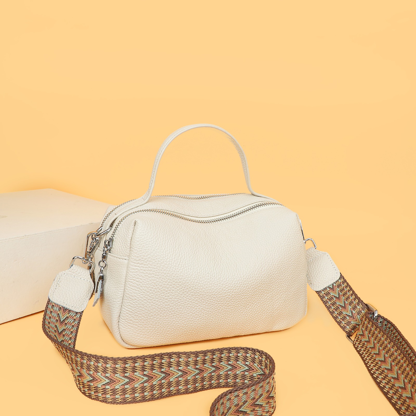 Custom Leather Satchel Bag – Top-Handle Shoulder Bag with Woven Strap (view 4) — custom leather bag manufacturing by Kaishi Bag Factory