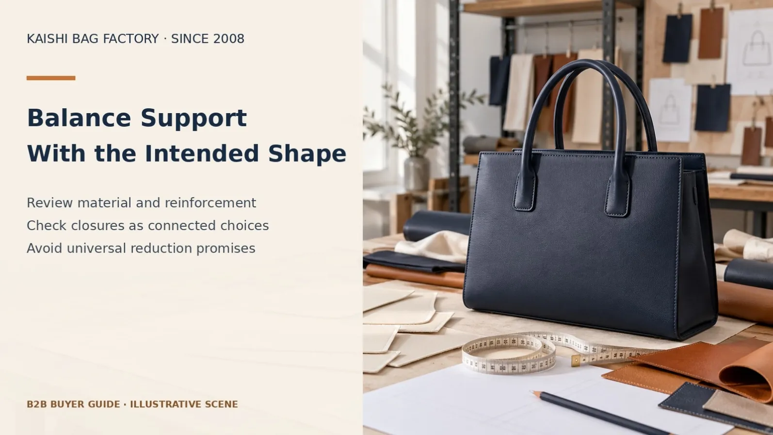 Illustrative structured handbag and reinforcement pieces for reviewing weight and shape trade-offs.