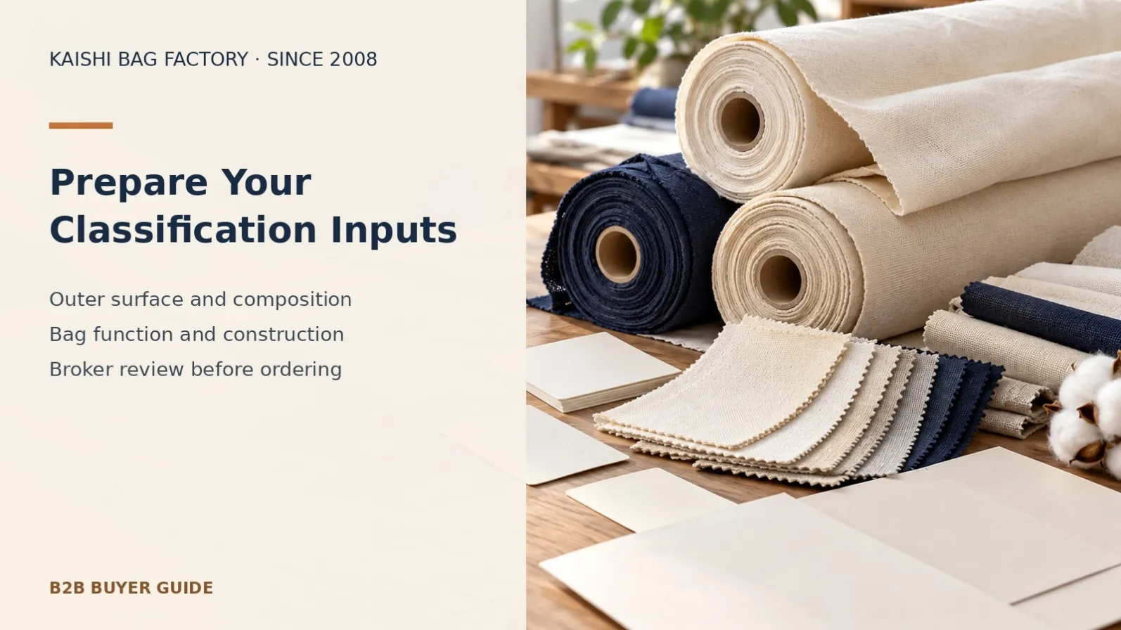 Canvas rolls and material swatches illustrating the composition and outer-surface information needed for bag tariff classification