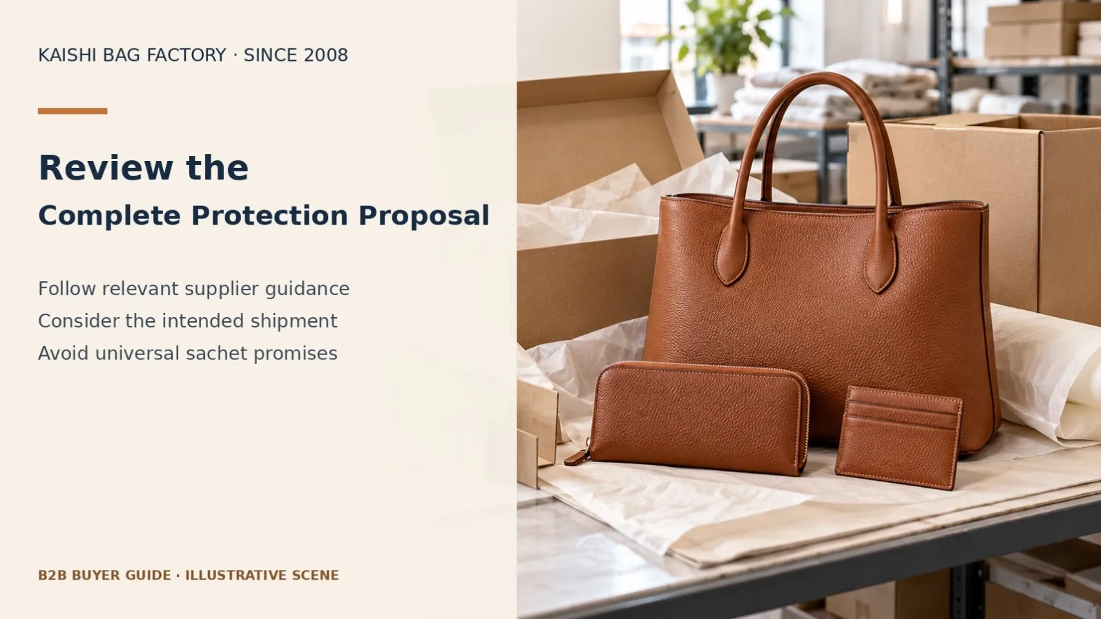 Illustrative handbag, packing support and carton for reviewing route-specific moisture protection.