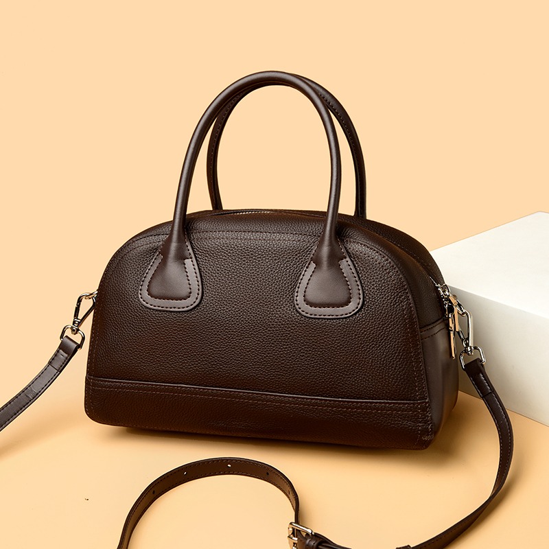 Custom Leather Bowling Bag – Rounded Handbag with Zip Top (view 4) — custom leather bag manufacturing by Kaishi Bag Factory