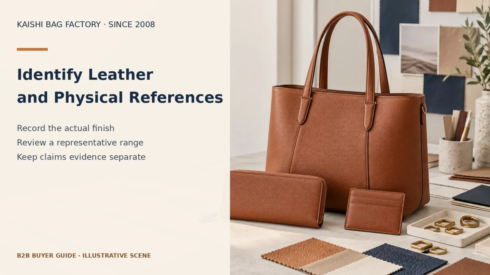 Illustrative leather tote and material swatches for establishing identified grain and finish references.