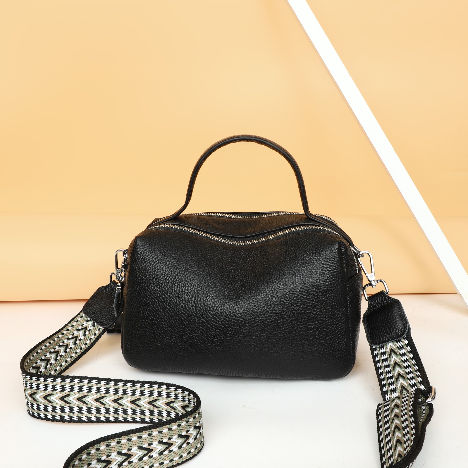 Custom Leather Satchel Bag – Top-Handle Shoulder Bag with Woven Strap — custom leather bag manufacturing by Kaishi Bag Factory