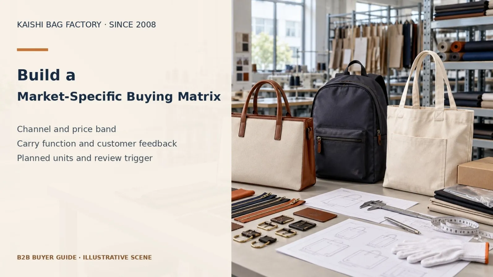 Illustrative bag samples and buying worksheet for a wholesale assortment matrix.