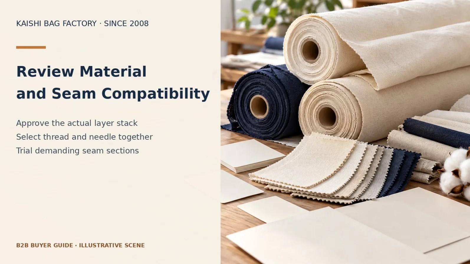 Illustrative fabric rolls and sample materials for reviewing sewing compatibility and layer variation.