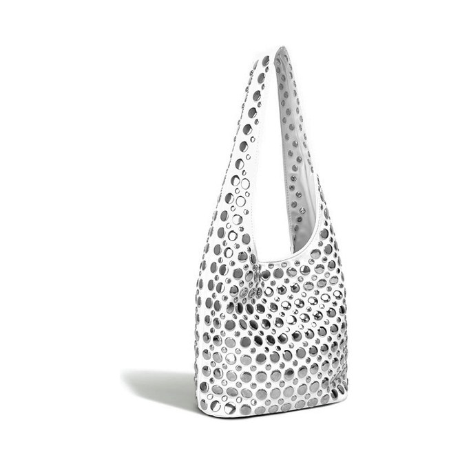 PU Leather Hobo Bag – Rivet Studded Metallic Shoulder Bag with Drawstring (view 6) — custom bag manufacturing by Kaishi Bag Factory