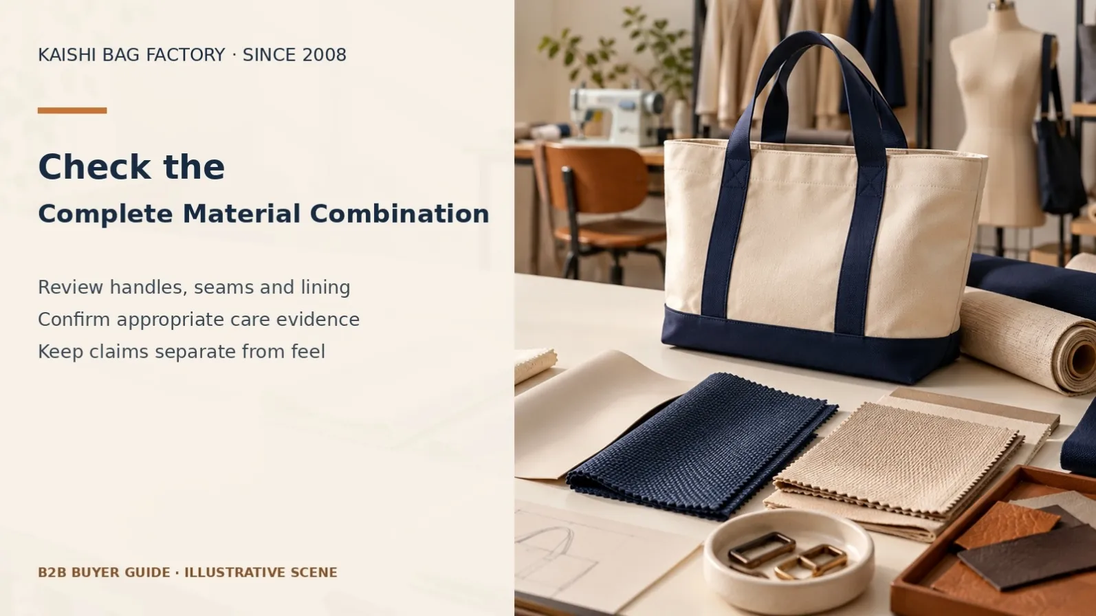 Illustrative fabric tote, sewn panels and sample materials for full cotton bag construction approval.