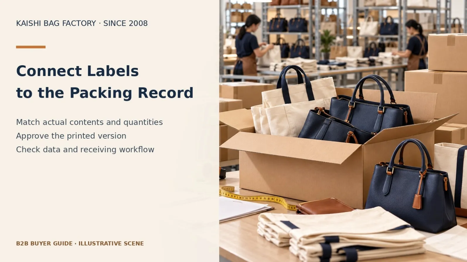 Illustrative packing bench with cartons and bags for linking external labels to packing records.