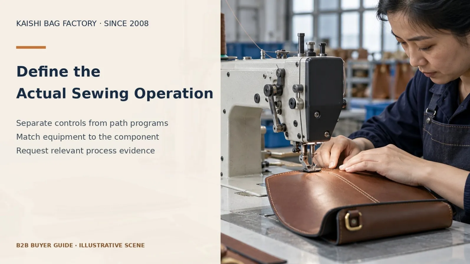Illustrative industrial bag sewing workstation with operator-guided leather panel, not evidence of Kaishi machine ownership.