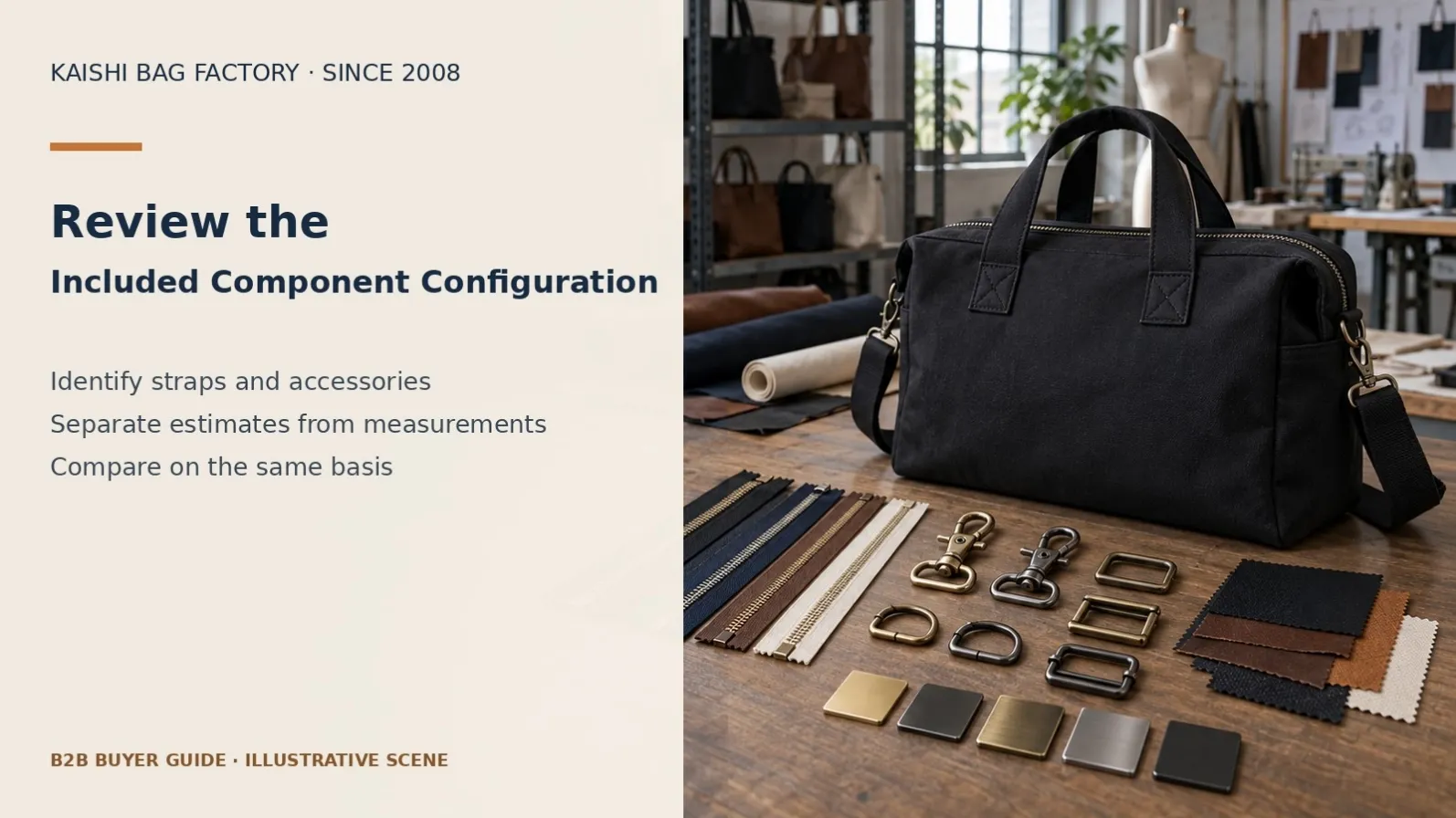 Illustrative bag components and hardware for identifying a complete product-weight configuration.