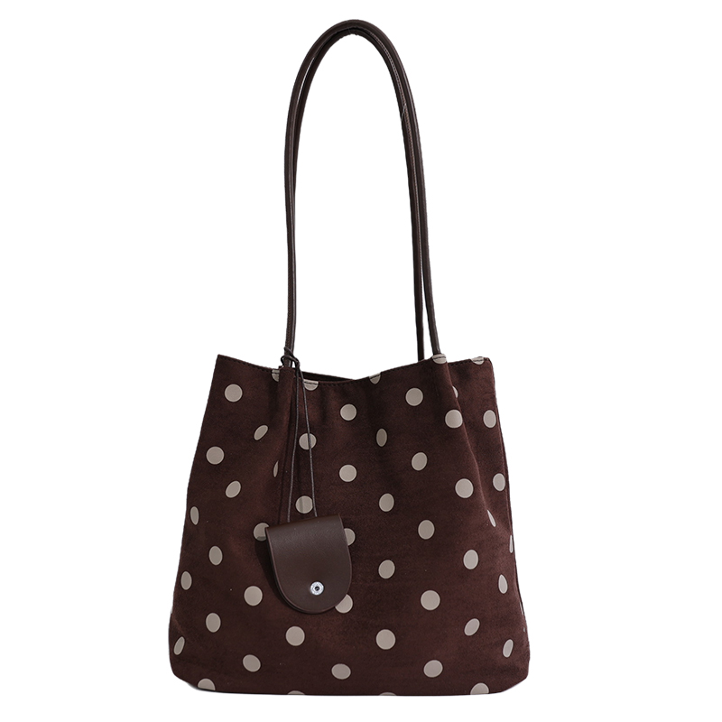 Custom Polka Dot Suede-Look Tote Bag – Slouchy Shoulder Tote (view 2) — custom bag manufacturing by Kaishi Bag Factory