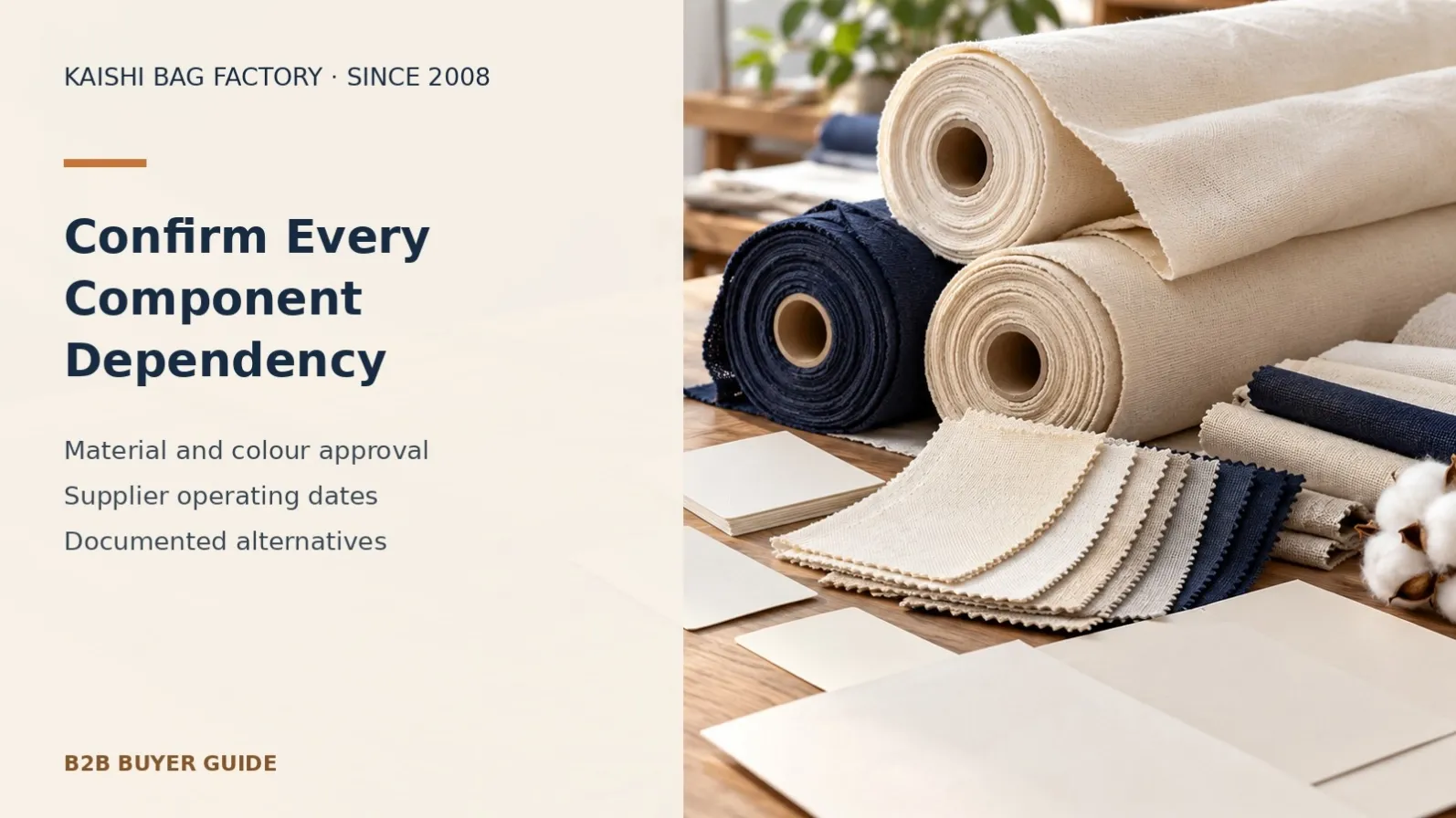 Illustrative fabric rolls and swatches for checking bag material availability and supplier operating dates before holiday production