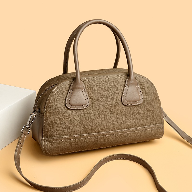 Custom Leather Bowling Bag – Rounded Handbag with Zip Top (view 2) — custom leather bag manufacturing by Kaishi Bag Factory