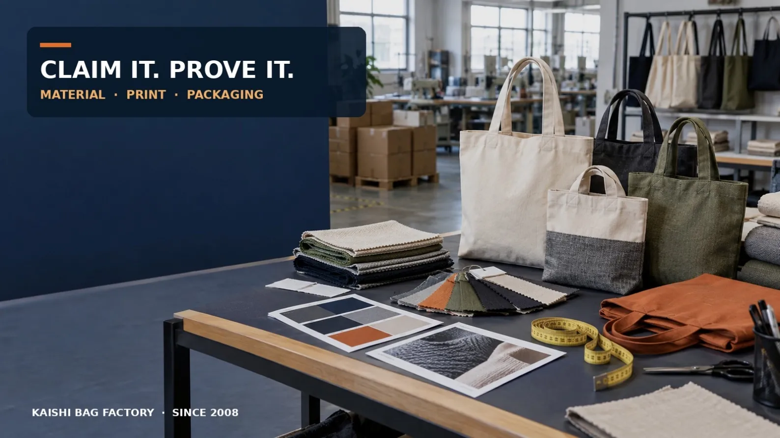 Promotional tote samples, fabric swatches and sourcing tools illustrating material, print and packaging verification.
