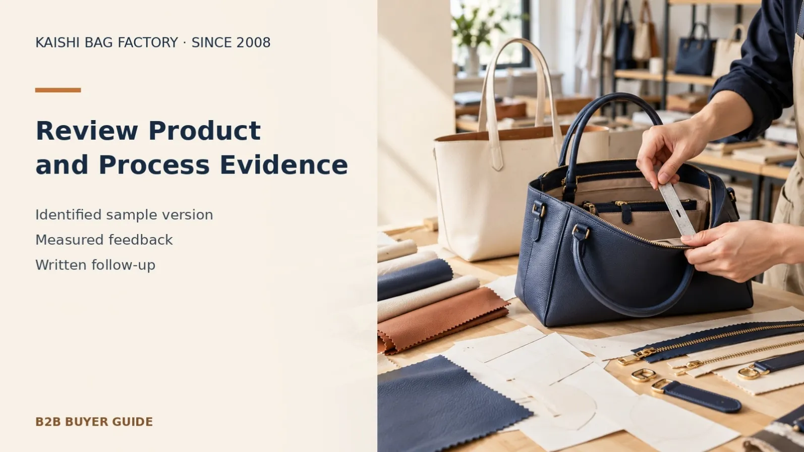 Illustrative technician checking a handbag sample as a reference for evidence-based buyer discussions with a bag supplier