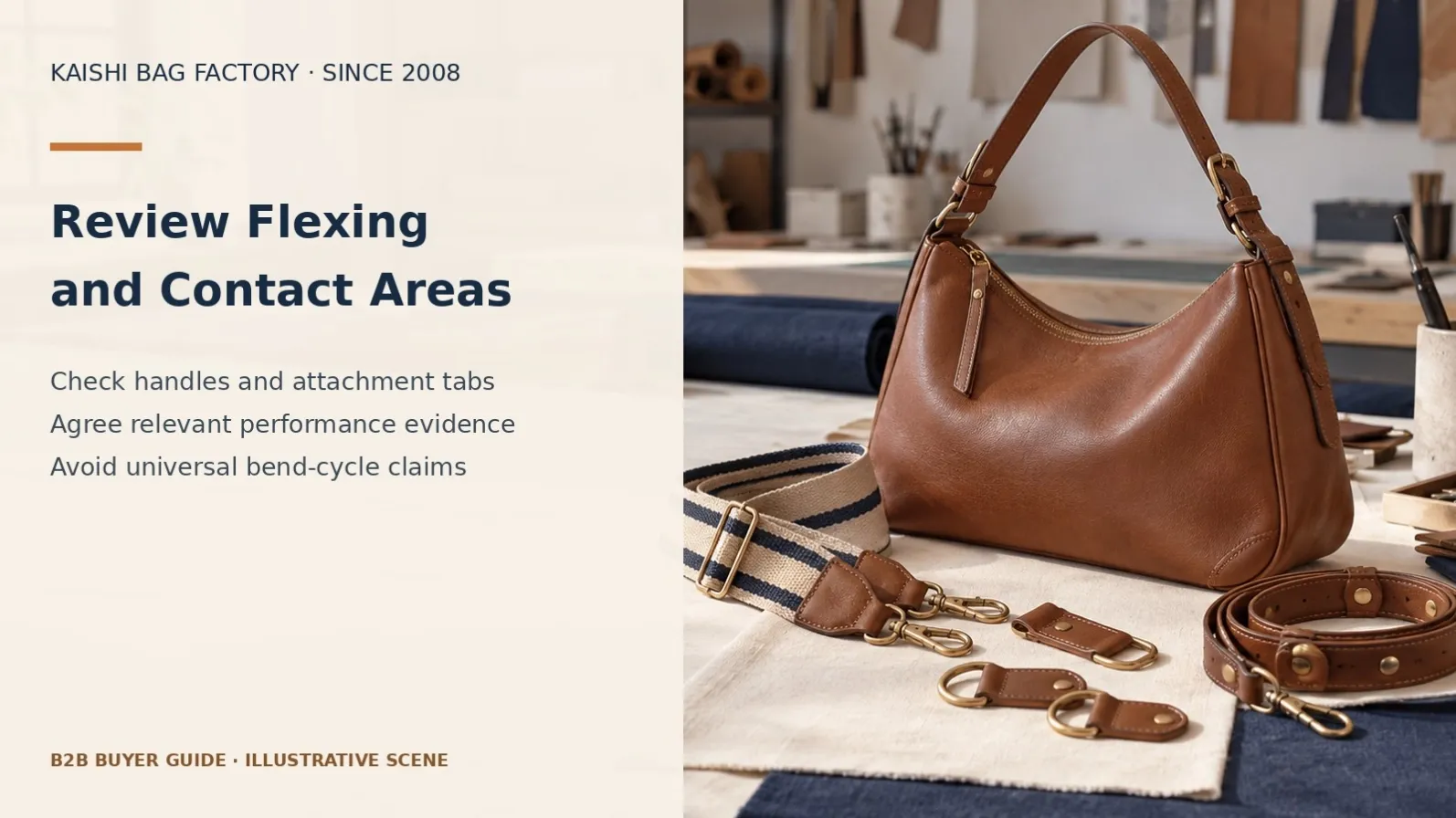 Illustrative leather shoulder bag and strap components showing flexible edge and contact locations.