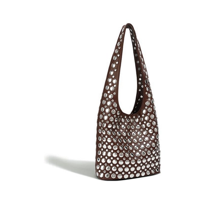 PU Leather Hobo Bag – Rivet Studded Metallic Shoulder Bag with Drawstring (view 2) — custom bag manufacturing by Kaishi Bag Factory