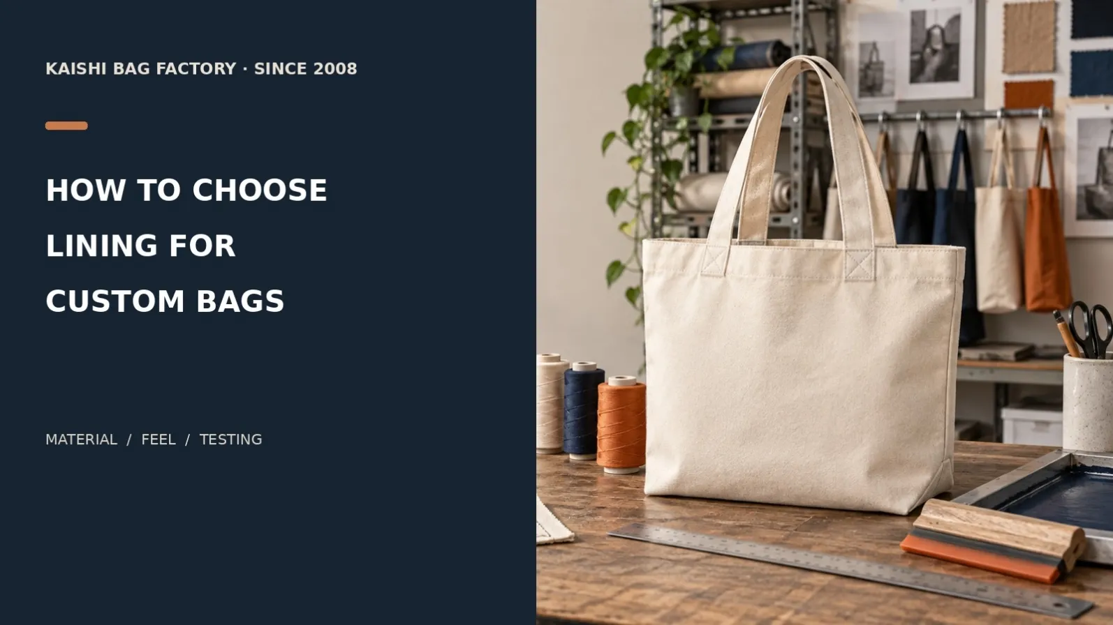 Unbranded canvas tote with textile swatches in a bag factory sample room for a custom lining buyer guide.