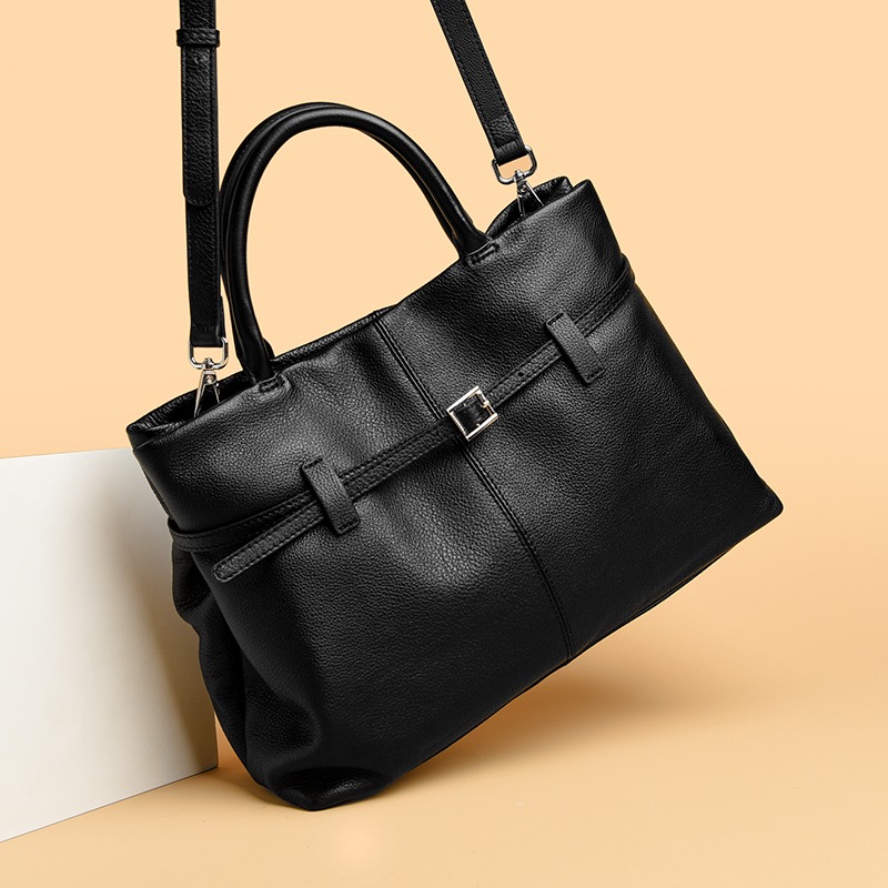 Custom Leather Tote Bag – Structured Handbag with Belt Detail (view 3) — custom leather bag manufacturing by Kaishi Bag Factory