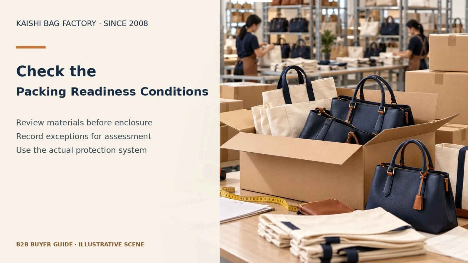 Illustrative bag packing workstation and cartons for a material readiness and protection review.