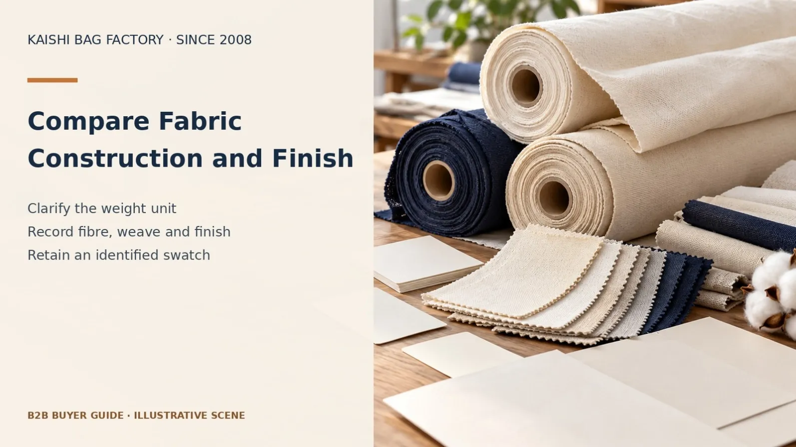 Illustrative cotton fabric rolls and swatches for comparing construction and finishing beyond weight.