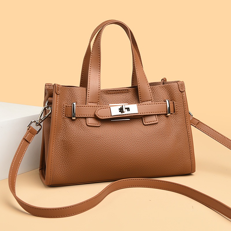 Custom Structured Leather Tote Bag – Belted Handbag with Turn-Lock Detail (view 4) — custom leather bag manufacturing by Kaishi Bag Factory