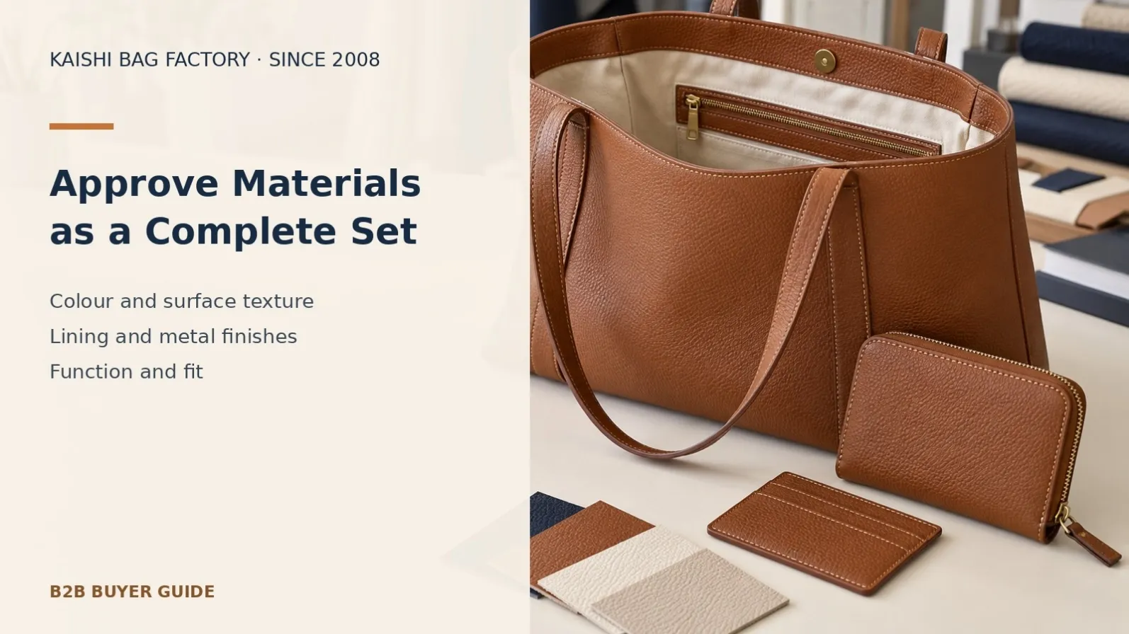 Illustrative handbag lining, matching wallet, cardholder and material swatches for coordinated colour and component approval