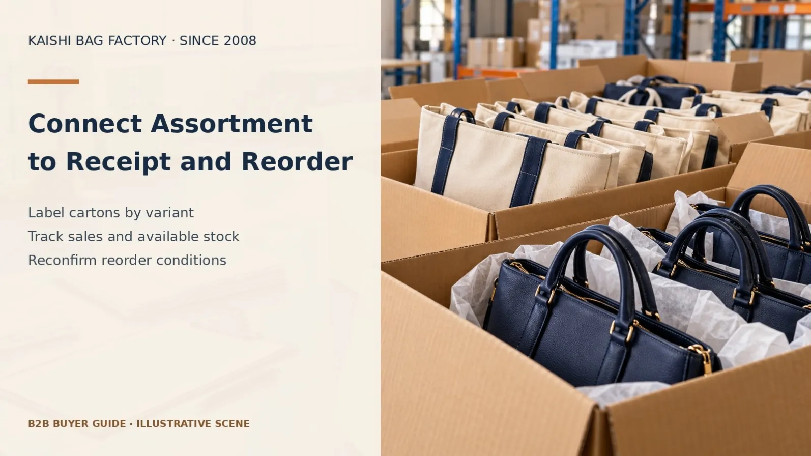 Illustrative packed handbags for wholesale receiving and inventory review.
