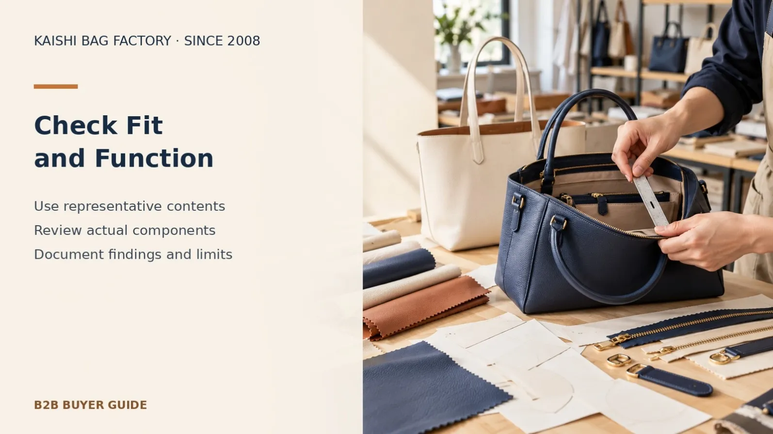 Illustrative technician hands checking a handbag opening and pocket layout during functional and pre-production sample review
