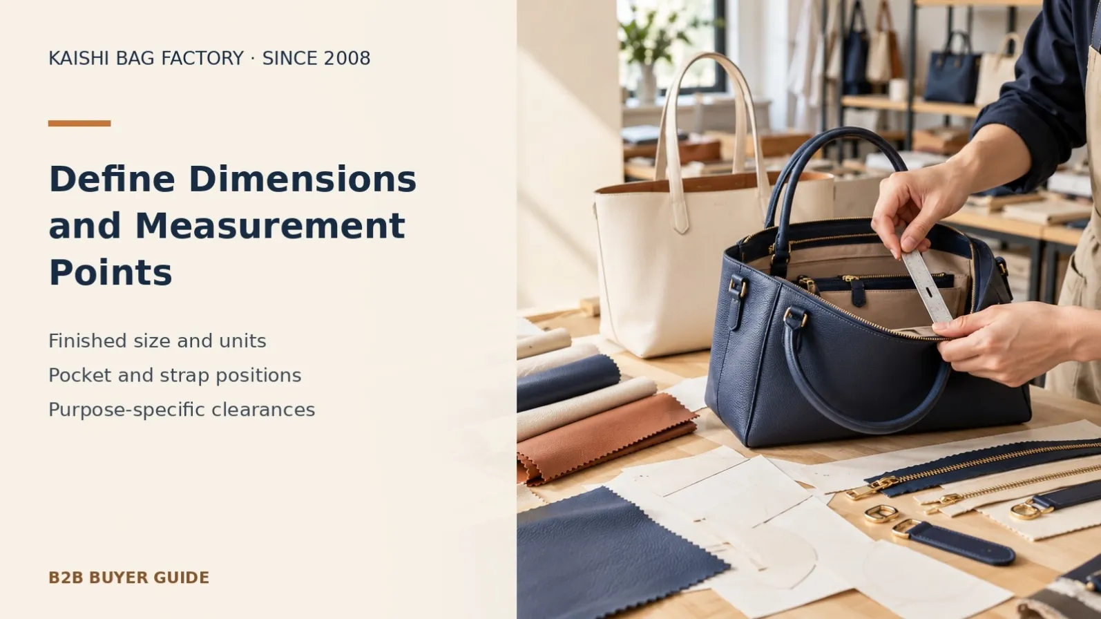 Illustrative technician measuring a handbag to explain finished dimensions and measurement points in a quote tech pack