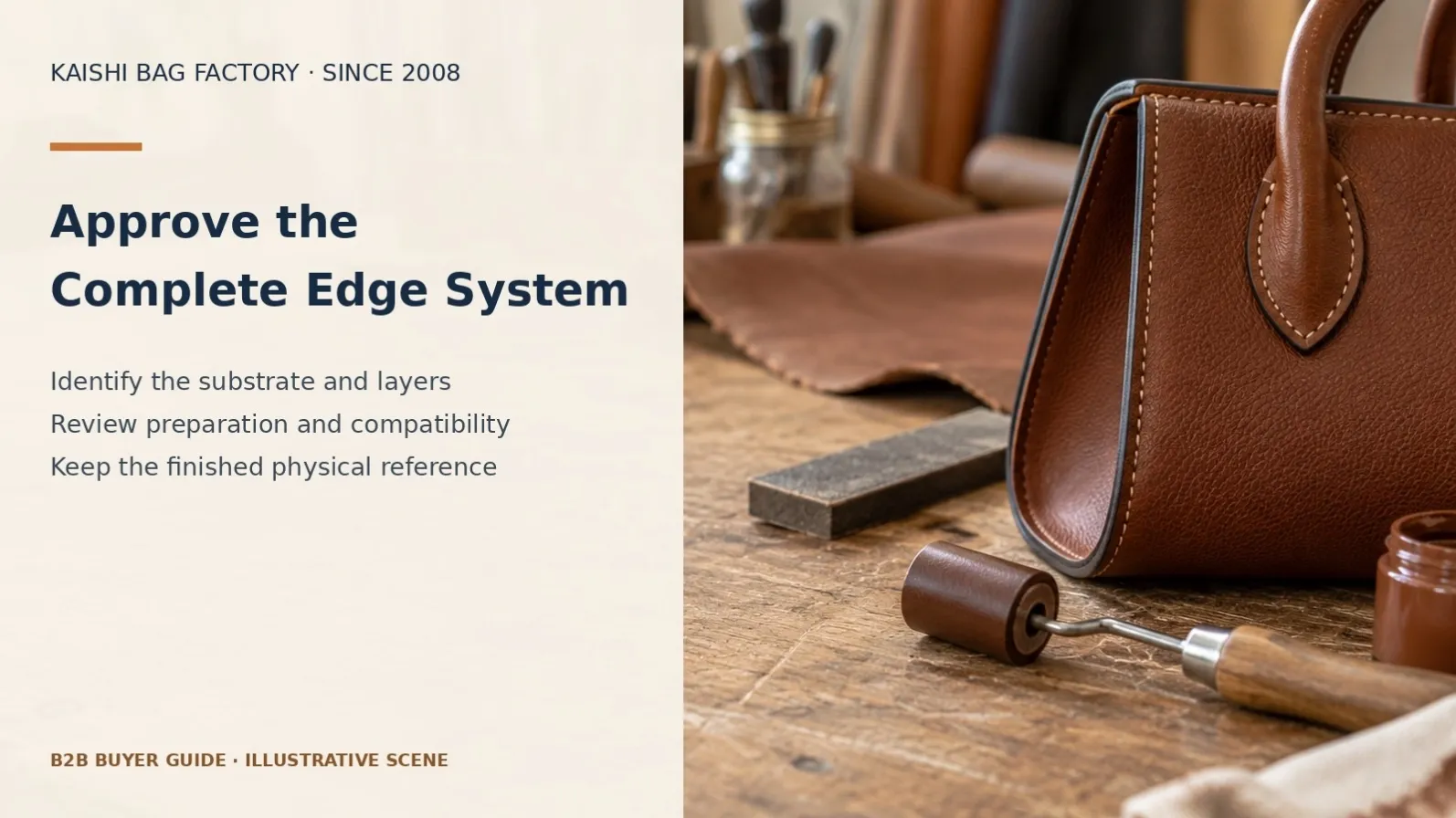 Illustrative close-up of a leather handle edge and finishing tools for evaluating layered edge construction.
