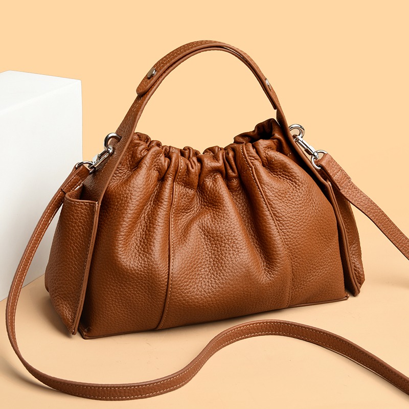 Custom Drawstring Leather Bucket Bag – Slouchy Shoulder Bag with Chain Strap (view 3) — custom leather bag manufacturing by Kaishi Bag Factory