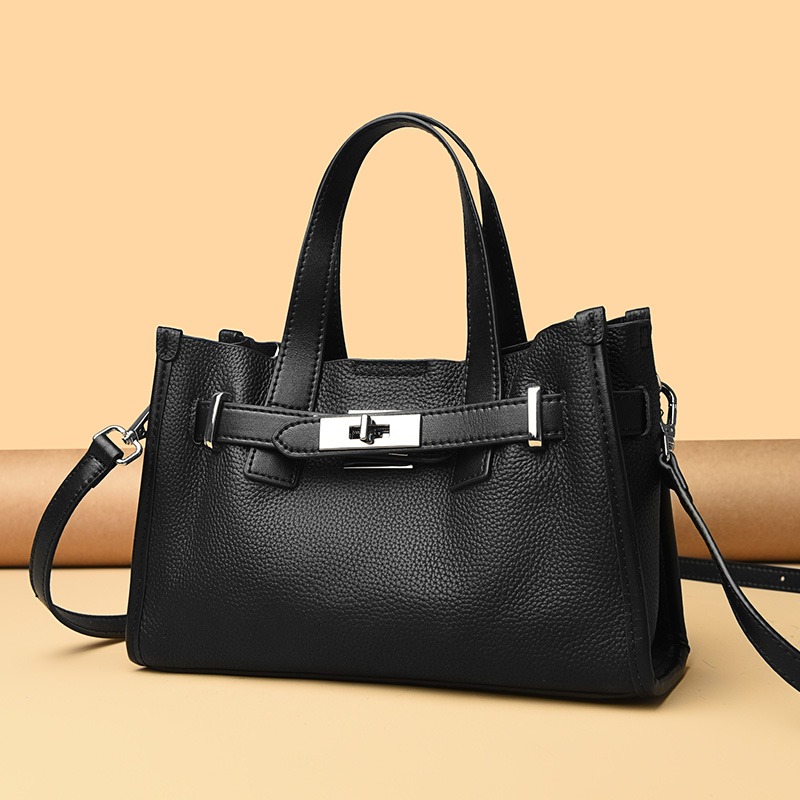 Custom Structured Leather Tote Bag – Belted Handbag with Turn-Lock Detail (view 2) — custom leather bag manufacturing by Kaishi Bag Factory