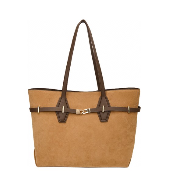 Suede PU Leather Studded Tote Bag – Large Capacity Shoulder Tote with Belt Buckle & Rivets (view 2) — custom bag manufacturing by Kaishi Bag Factory
