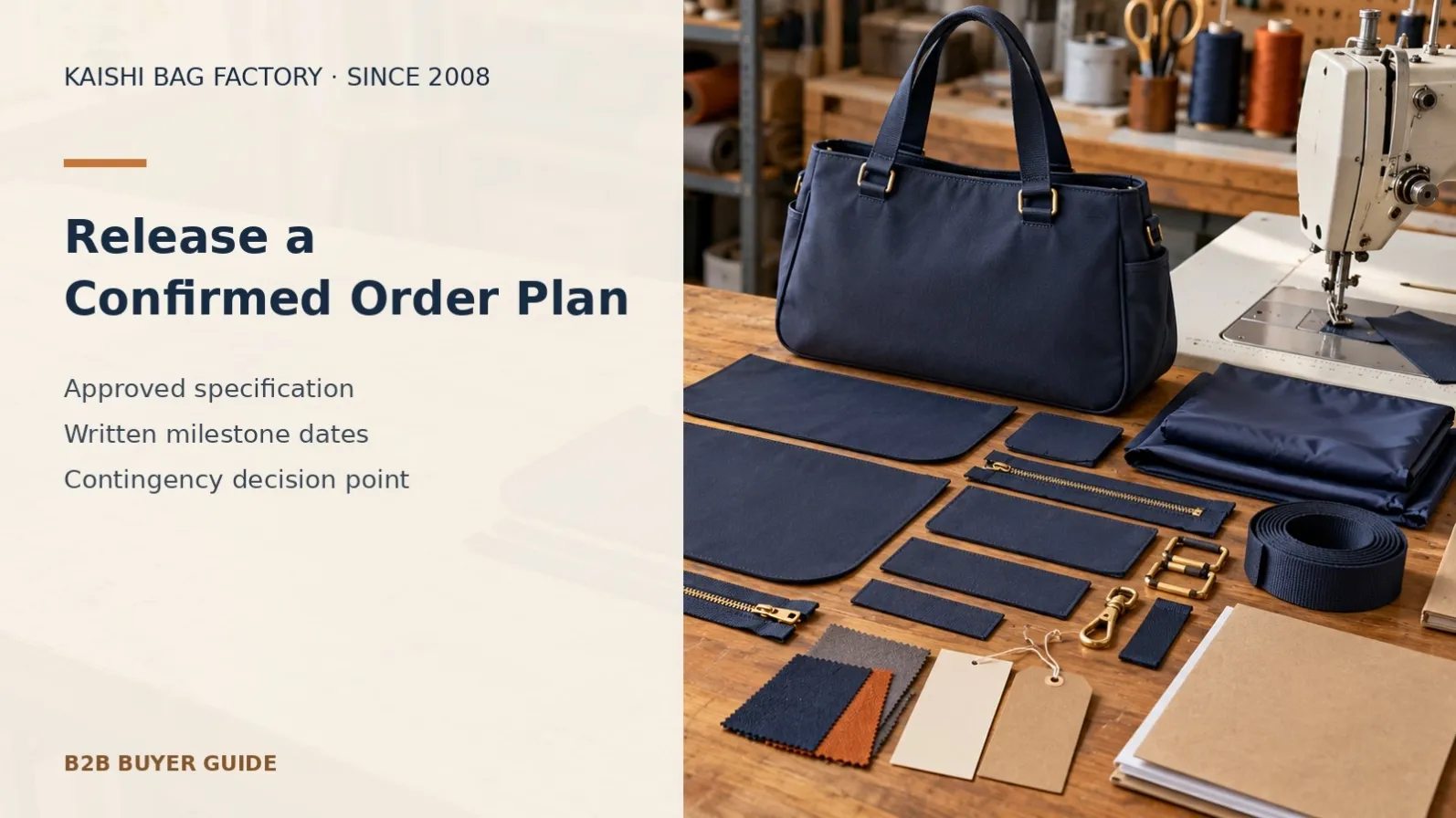 Illustrative bag components and development records used to confirm order release conditions and contingency decisions