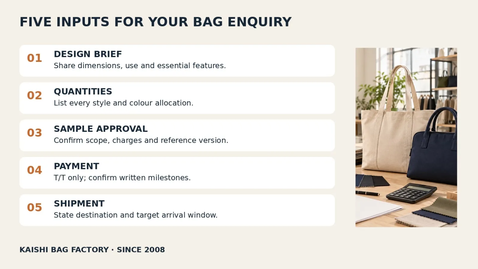 Kaishi buyer enquiry checklist covering design brief, quantities, sample approval, T/T milestones and shipment planning.
