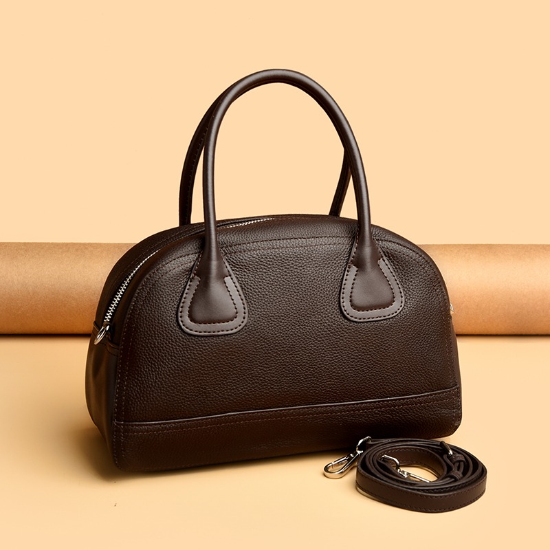 Custom Leather Bowling Bag – Rounded Handbag with Zip Top (view 3) — custom leather bag manufacturing by Kaishi Bag Factory