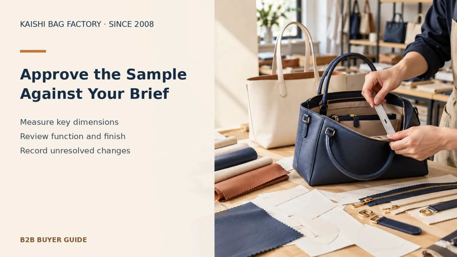 Illustrative technician measuring a handbag sample to review dimensions and functional requirements before a first production order