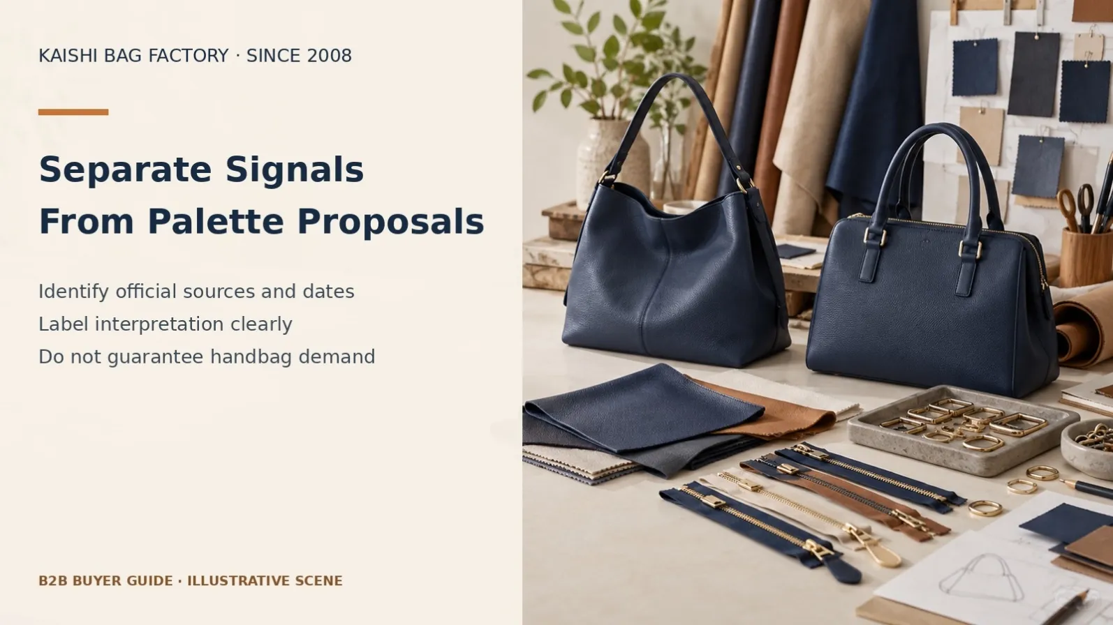 Illustrative original unbranded handbag samples for translating seasonal colour research into proposals.