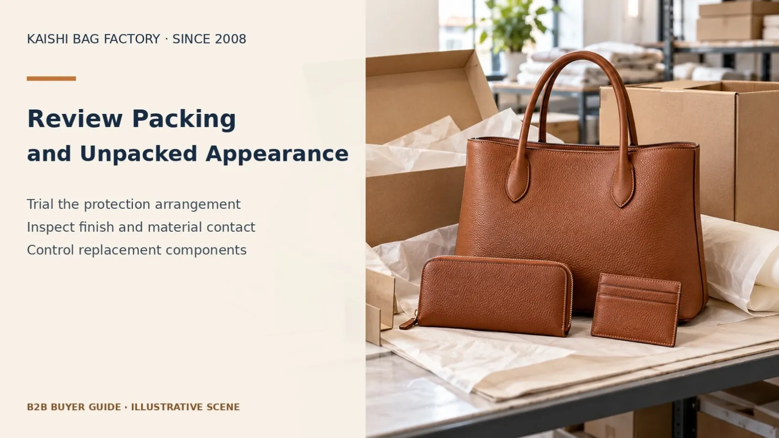Illustrative handbag and protective carton arrangement for hardware finish contact review.