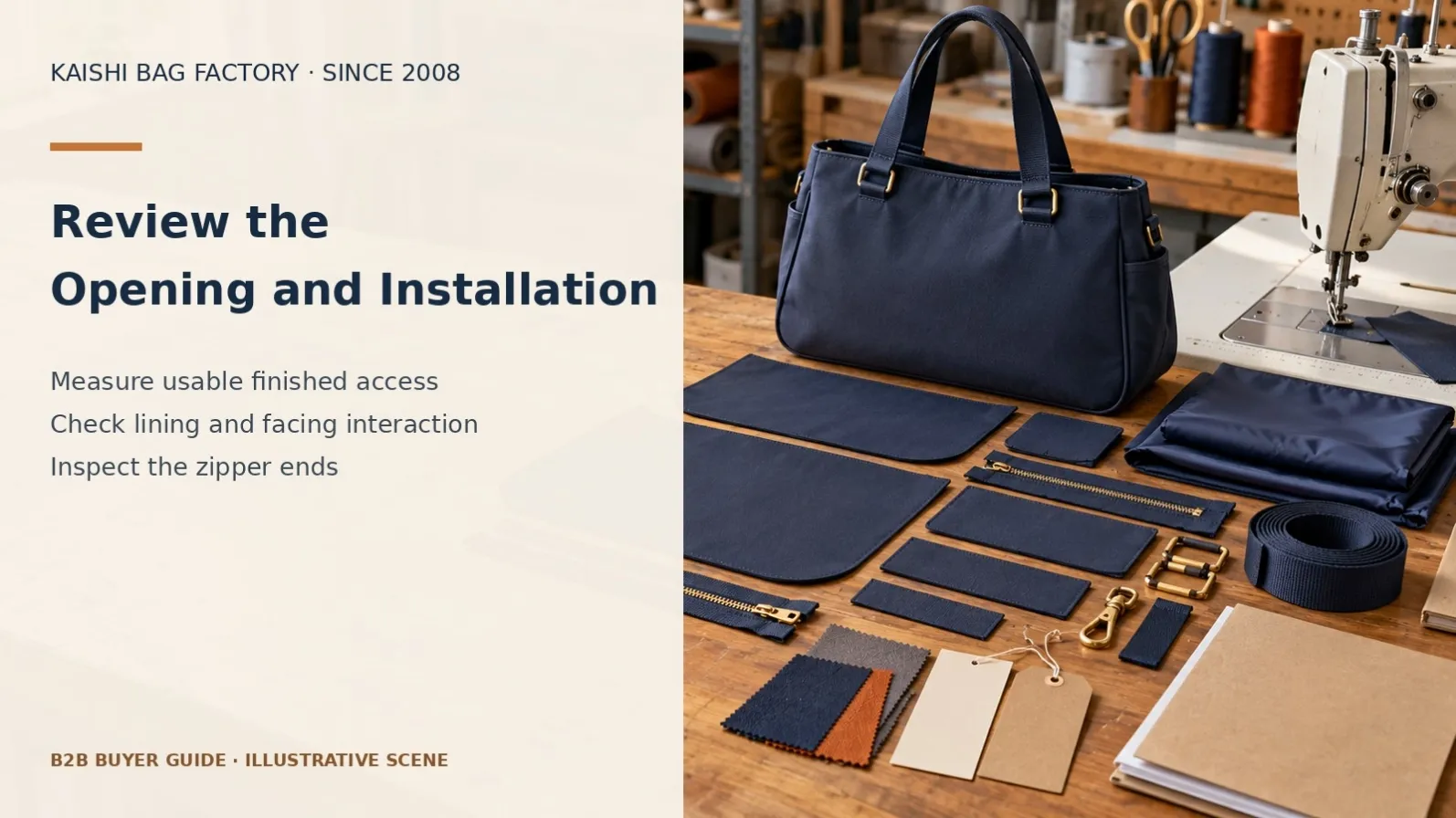 Illustrative handbag component layout for reviewing zipper installation and opening geometry.