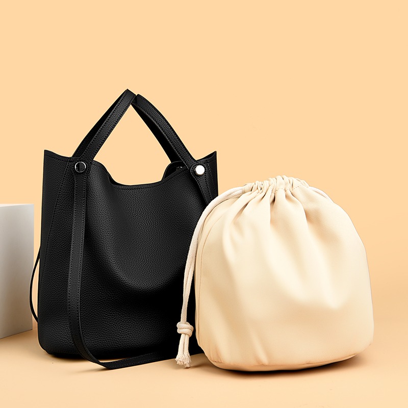 Custom Leather Bucket Tote Bag – Slouchy Shoulder Tote with Suede Lining (view 2) — custom leather bag manufacturing by Kaishi Bag Factory