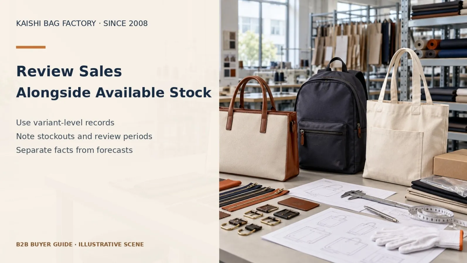 Illustrative handbag assortment and buying papers for reviewing variant-level reorder evidence.