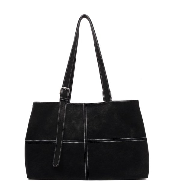 Suede PU Leather Tote Shoulder Bag – Classic Large Capacity with Contrast Stitching & Belt (view 2) — custom bag manufacturing by Kaishi Bag Factory