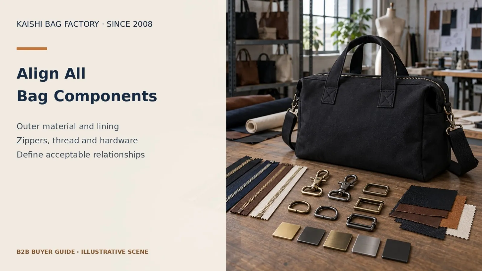Illustrative bag components for coordinating colour across different materials.